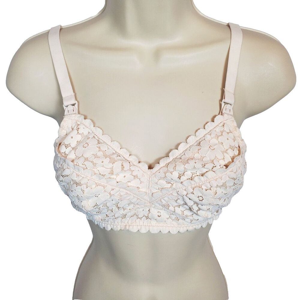 MOMANDA Nursing Bra Size 34B Beige Lace Pumping Wireless Lined Ergonomic